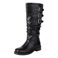thumbnail image 5 of Slouch Wide Mid Calf Combat Boots for Women Vintage Leather Buckles Low Heel Winter Fall Tall Riding Boots, 5 of 6
