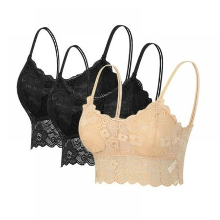 

Comfy Lace Bralettes for Women - Wireless Padded Bra with Adjustable Spaghetti Straps Mesh Hollow Out Solid Crop Tops Bra Bra(2-Packs)