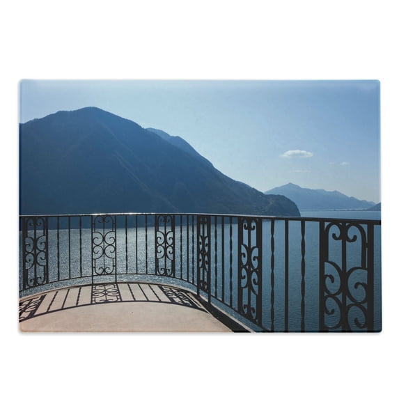 Modern Cutting Board, Mediterranean Italian Design Island Mountain View with Ocean Open Sunny Sky Photograph, Decorative Tempered Glass Cutting and Serving Board, Large Size, Blue, by Ambesonne