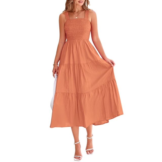 Vestido PRETTYGARDEN para mujer, midi, fruncido, de verano, marrón y naranja