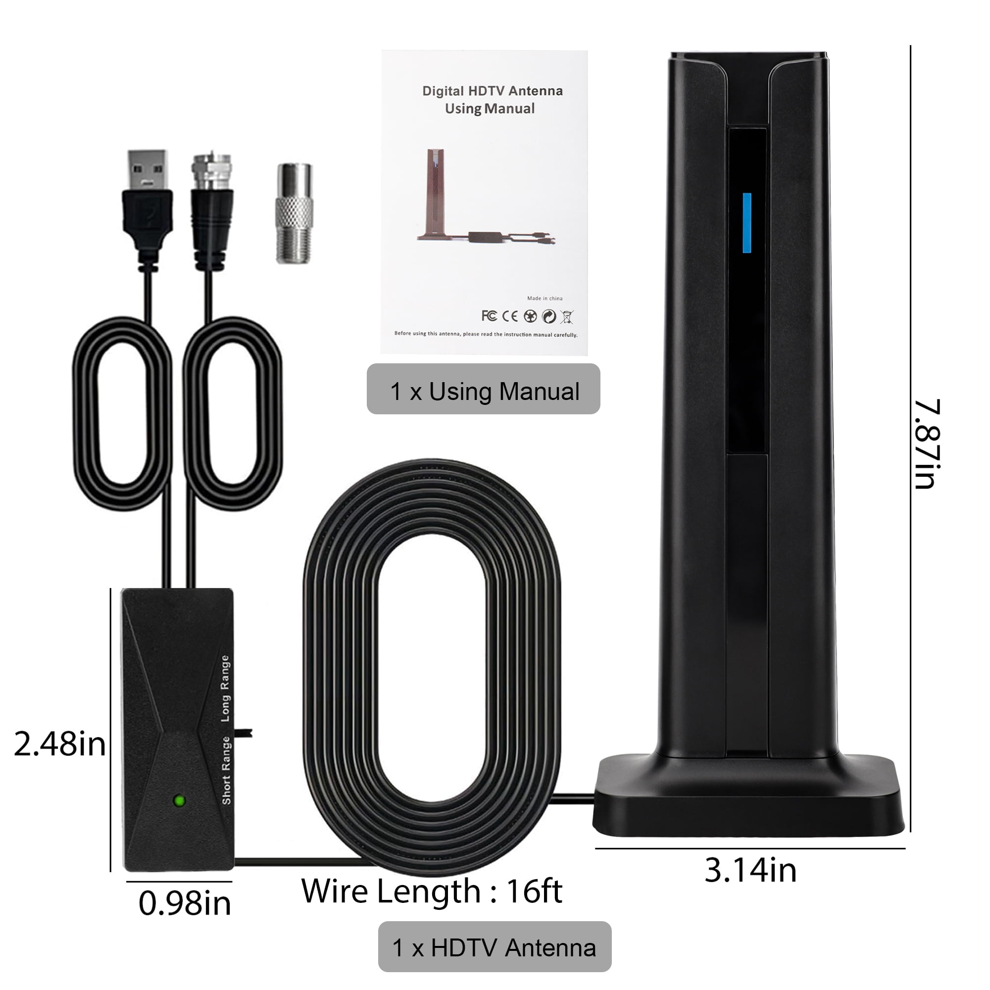 EEEkit HD Digital TV Antenna for Smart/Outdoor/Older TV, Supports 4K 1080p, 450+ Miles Range, with Signal Amplified Booster, 16FT Coax Cable