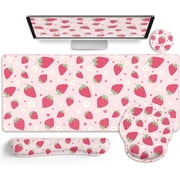 Strawberry Mouse Pad Desk Mat Set, Pink Ergonomic Mouse Pad with Wrist Rest, Large Gaming Mousepad Wrist Support Keyboard Mat Cup Coaster Set, Cute Office Desk Decor Accessories Supplies
