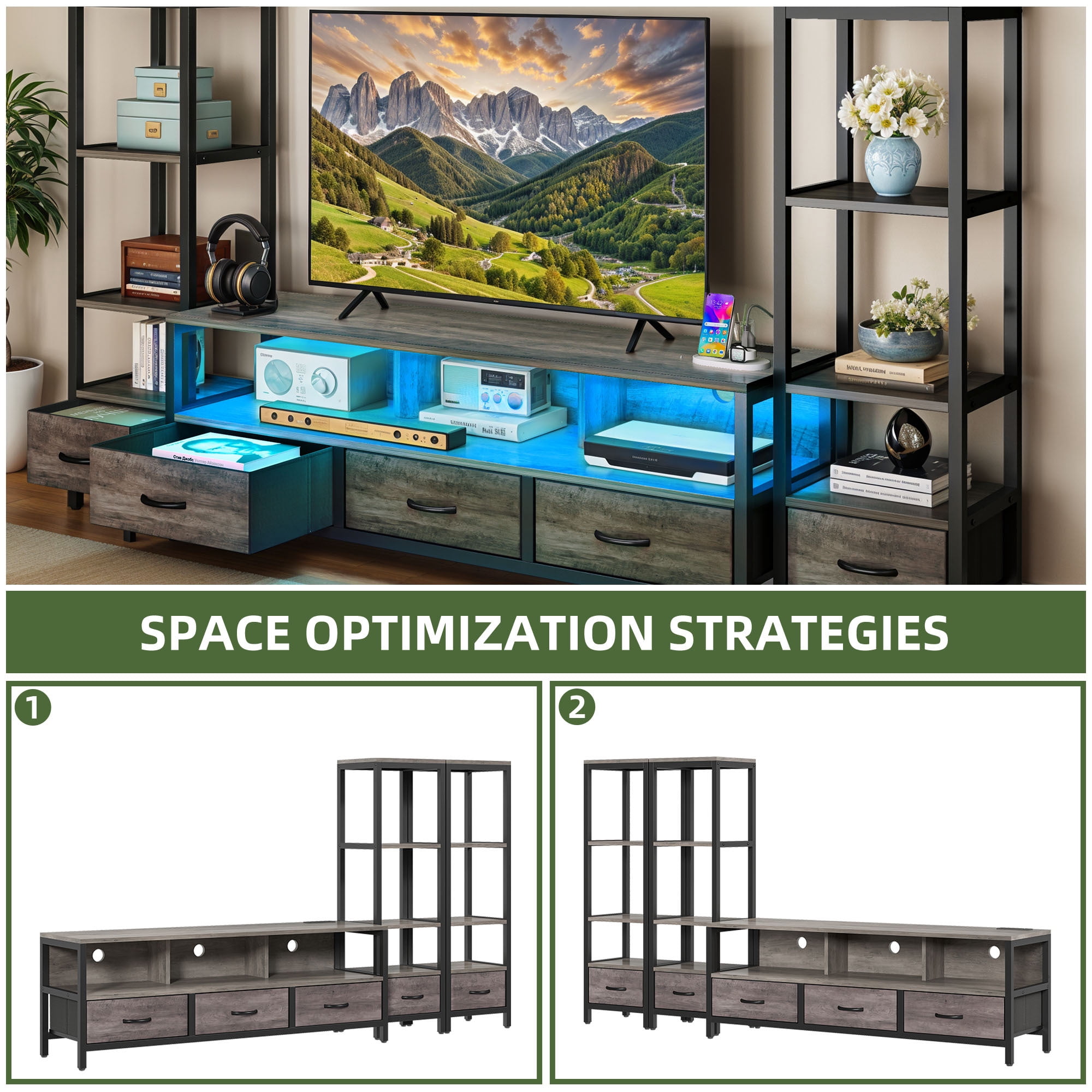 Uforic Modern Rustic Wood Metal Frame TV Stand with Remote Control LED Lights, USB Ports, Multi-Layer Storage Shelves & Fabric Drawers for Home Living Room, Gray