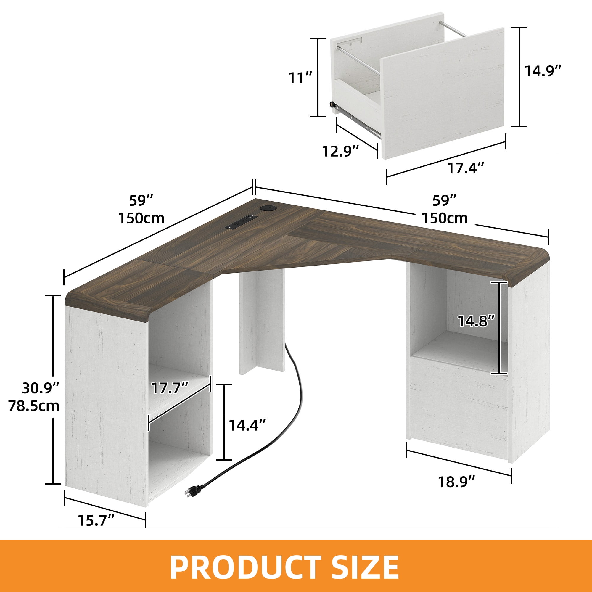 Homiflex L Shaped Desk with File Drawer 59" Modern Corner Computer Desk with Storage L Shape Home Office Desk Executive Desk with Power Outlets Storage Shelves File Cabinet for Working Writing, White