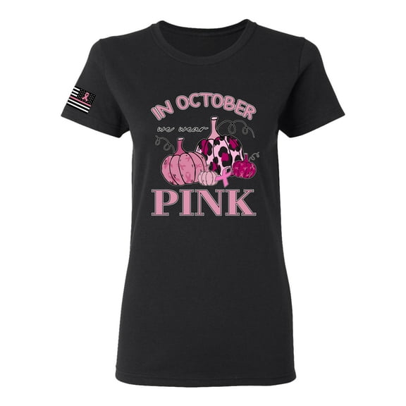 Wild Bobby In October We Wear Pink Pumpkin Cheetah Print US Flag Breast Cancer Awareness Women Graphic Tee, Black, Small