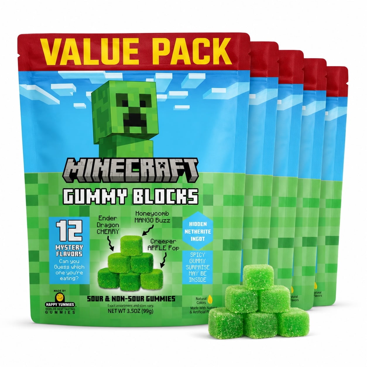Happy Yummies Minecraft Gummy Candy Cubes, 12 Mystery Flavors, Sour & Non Sour, 6-Pack, 3.5 oz