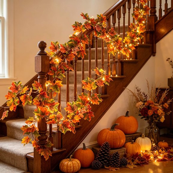 Upgraded Artificial Maple Leaf Berry Garland for Thanksgiving Fall Decor, 78.74 in Autumn Vine with Faux Maple Leaves and Berries for Front Door Mantel Fireplace Indoor Outdoor Decoration B