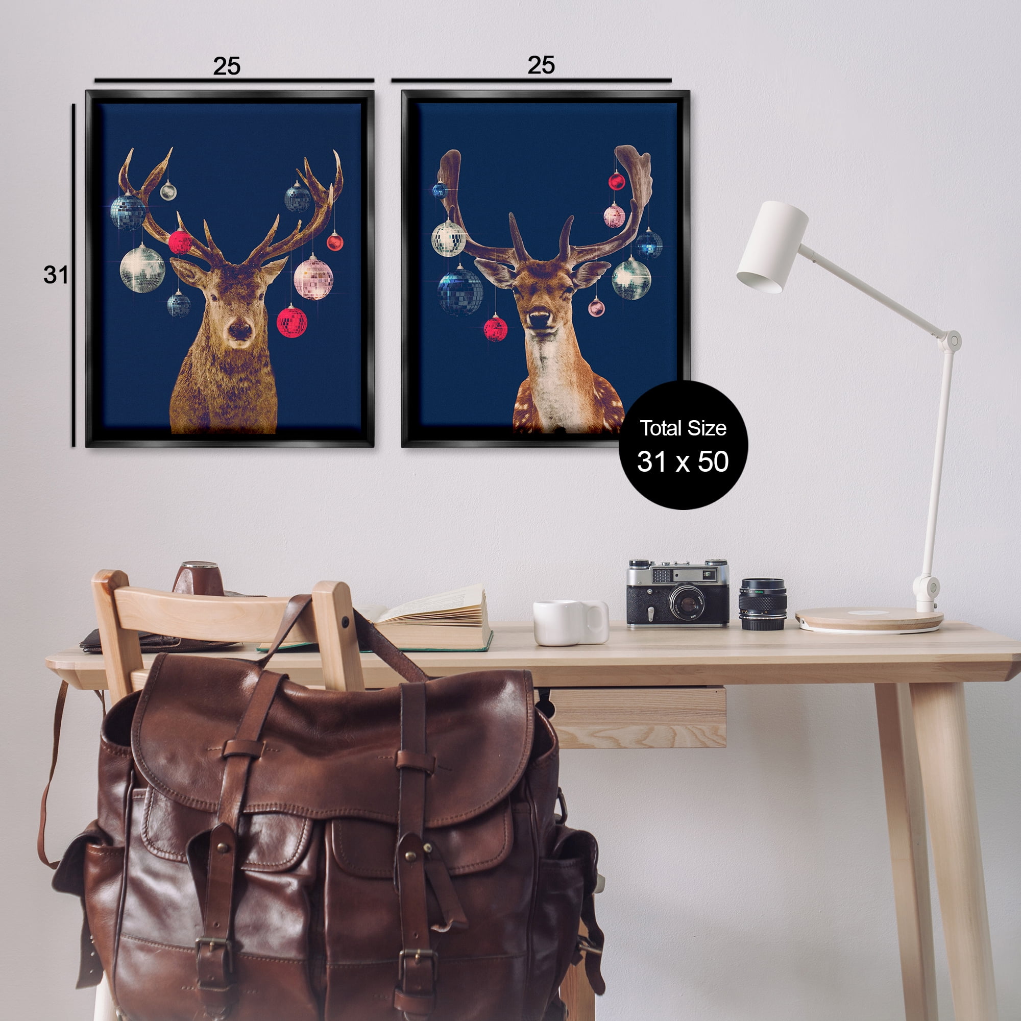 Stupell Industries Navy Brown Disco Deer Holiday Painting Black Floater Framed Canvas Art Print Wall Art, 31 x 25, Set of 2