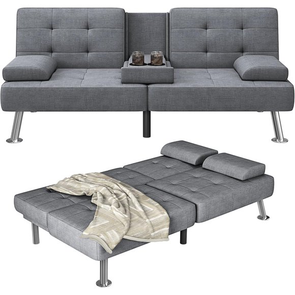 Homall Futon Sofa Bed Adjustable Futon Couch Fabric Modern Sleeper Sofa Bed for Living Room, Business Office, Recliner Sofa with Cup Holders