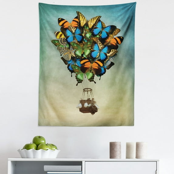 Butterfly Tapestry, Abstract Design Air Balloon Graphic with Colorful Butterflies and Basket Cabin, Fabric Wall Hanging Decor for Bedroom Living Room Dorm, 5 Sizes, Multicolor, by Ambesonne