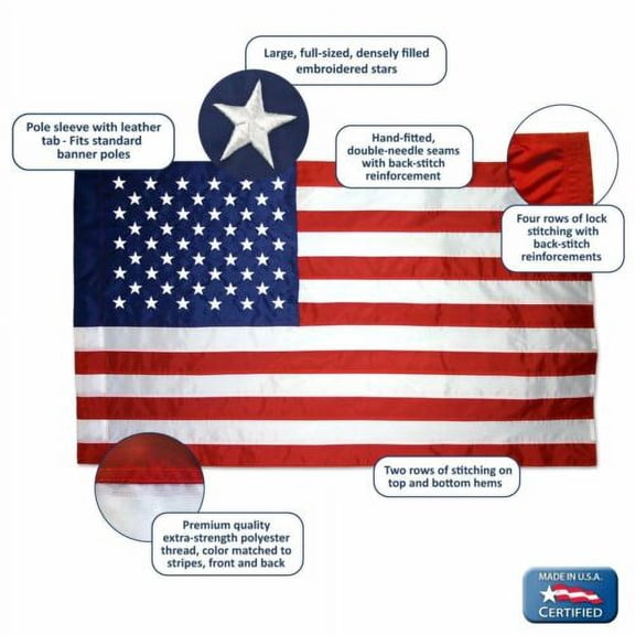 American Flag 28" x 40" Nylon Sewn Stripes Embroidered Stars and Banner-Style