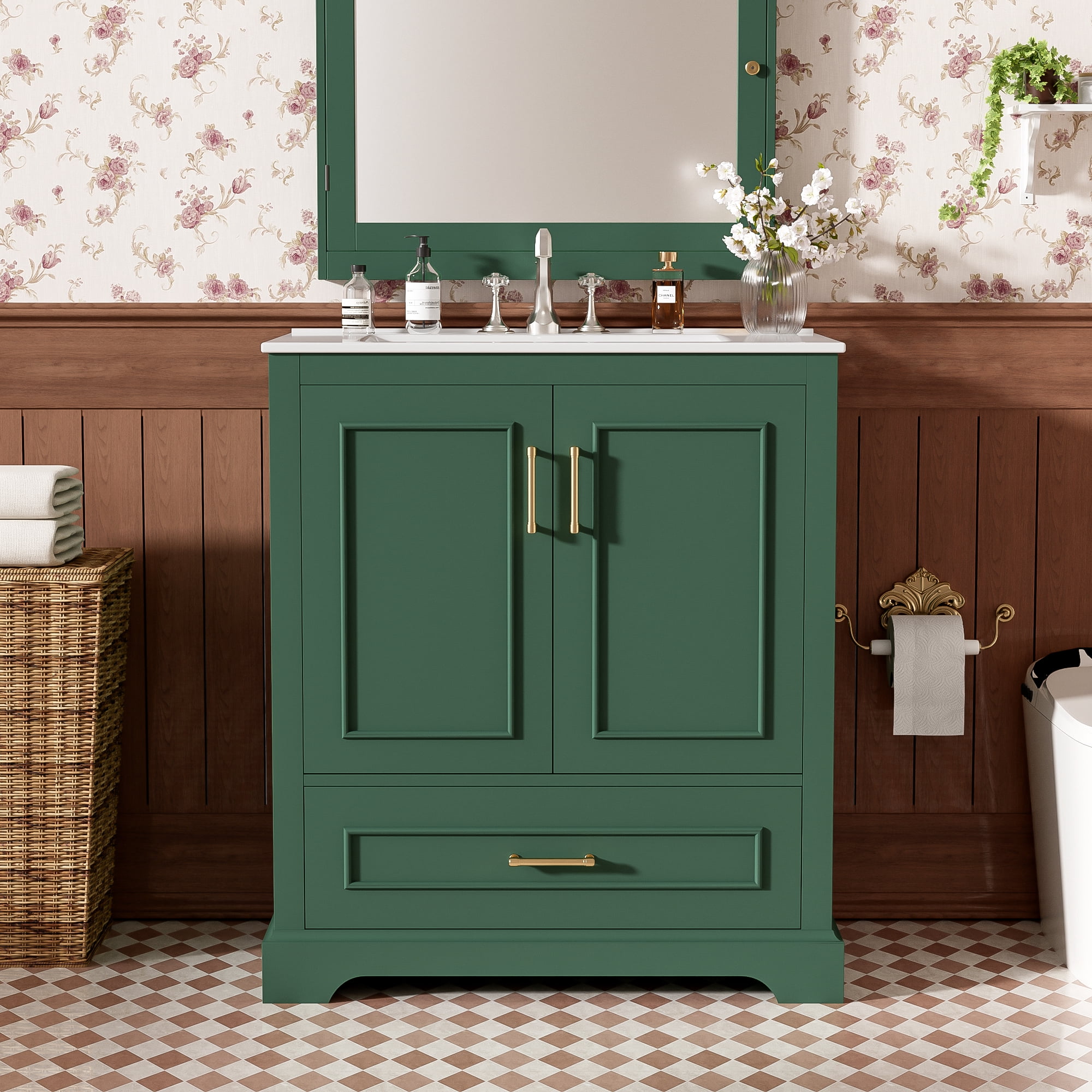 Transitional Bathroom Vanity with Ceramic Sink, 2 Soft Close Doors, Double Shelf Storage and Divider Drawer, Solid Wood Construction, 30 Inch in Green