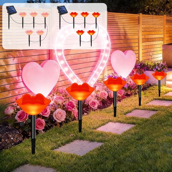 Valentine’s Day 1-to-5 Lip-Shaped Solar LED Lights - Waterproof ABS Outdoor Garden Lights, Solar-Powered Auto On/Off for Yard/Flower Bed/Romantic Patio Holiday Decor, String Lights, B
