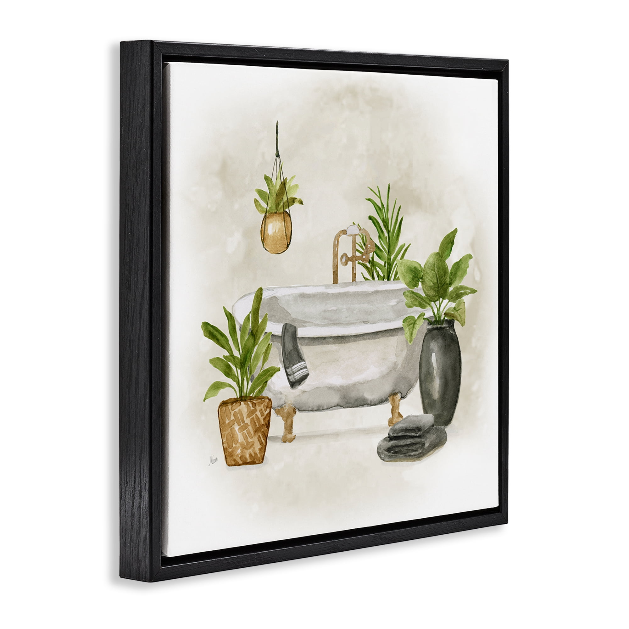 Stupell Industries Bathroom with Plants Bath & Laundry Painting Black Floater Framed Canvas Art Print Wall Art, 18 x 18