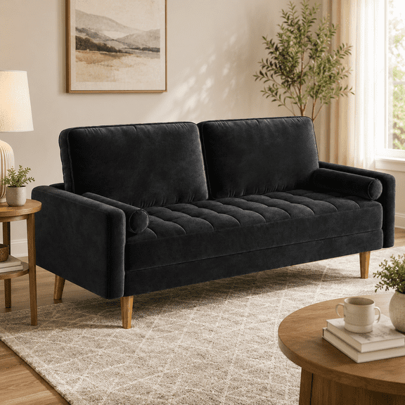 Neche Sofa for Living Room,Solid Wood Foot, 2 Seater Small Modern Loveseat Couch in a Box - Black