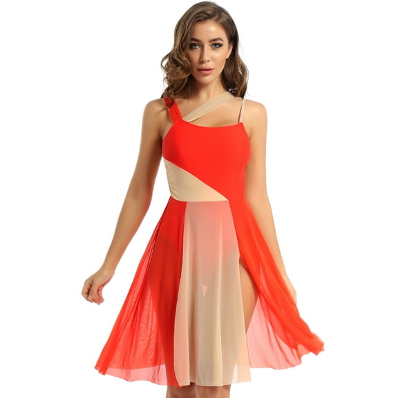 TiaoBug Lyrical Women Adults Sleeveless Mesh Color Block Leotard Dress Modern Dance Costume Orange M