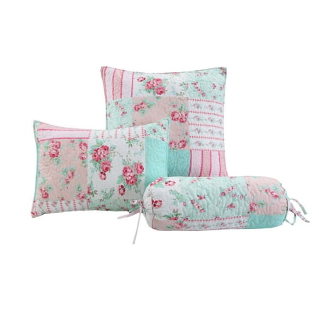 Tiffany Pink Garden 3-Piece Floral Pink White Cotton Polyester Décor Throw Pillows (square rectangle bolster)