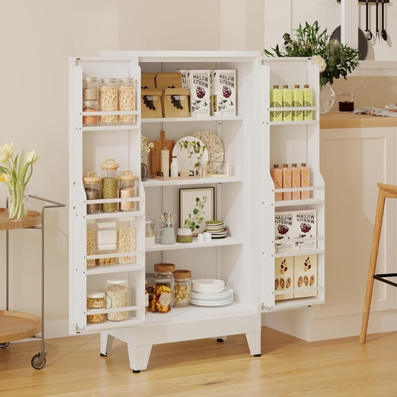 White Metal Cabinets with Doors and Shelves,47.25" H Metal Storage Cabinet White Pantry Cabinet Garage Cabinets for Kitchen,Home Office,Living Room,Dinning Room