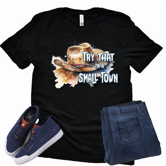 Try That in A Small Town Cowboy Hat Country Music Mens Short Sleeve T-Shirt Graphic Tee (Black-2X Large)
