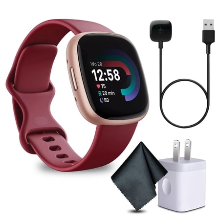 Fitbit Versa 4 Fitness Smartwatch with Daily Readiness, GPS, 40+ Exercise Modes, Fit Bit Smart Watch For Men & Women, Beet Juice/Copper Rose Aluminum Bundle with Cleaning Cloth + Charger