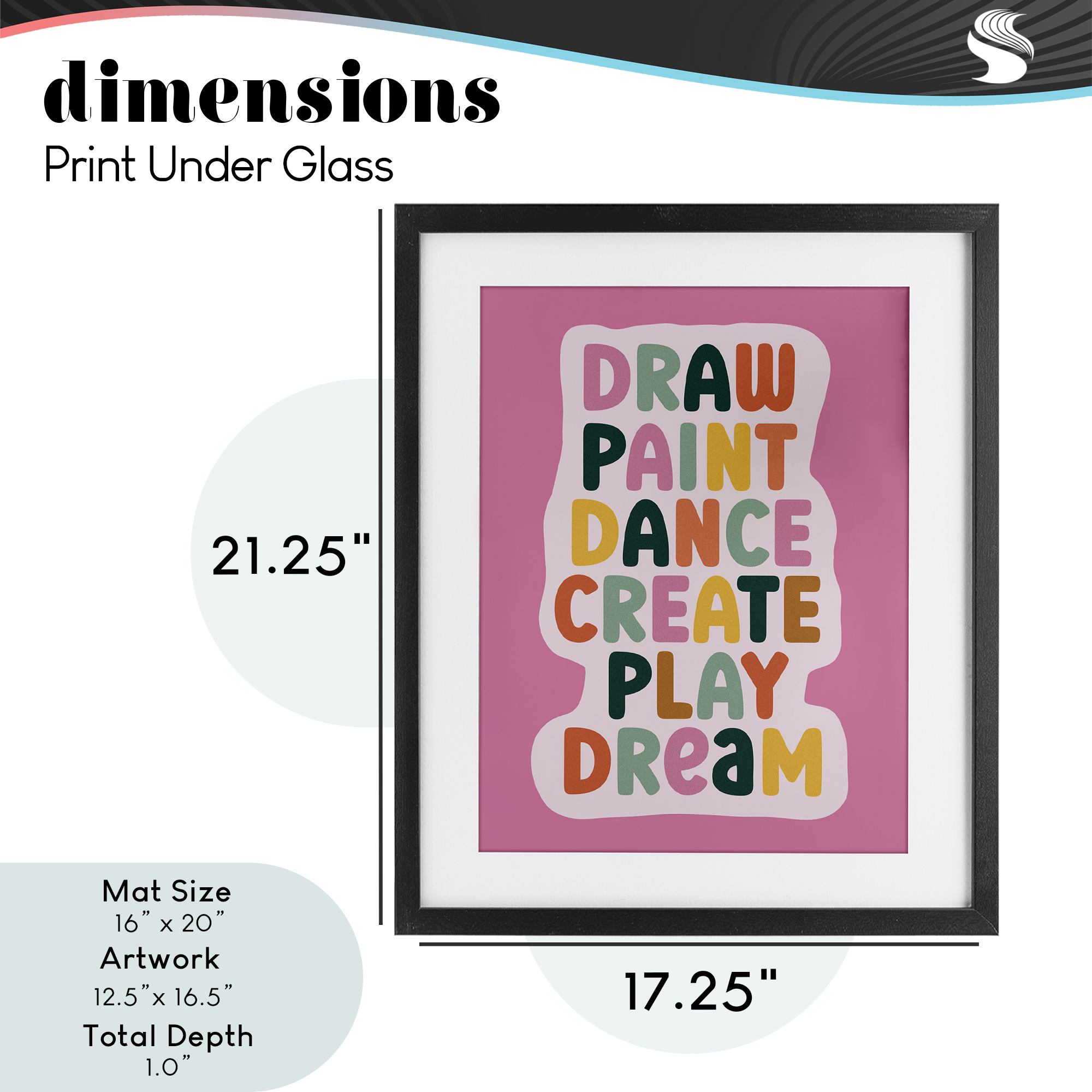 Draw Paint Dance Create Black Framed Print Under Glass, design by Julia Frost