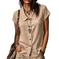 thumbnail image 6 of sdhkgrrt Women Short Sleeve Button Down Shirts Summer Casual Collared Tops Solid Slim Fit Pullover Blouses Cute Office Work Outfits Clothes, Beige L, 6 of 8