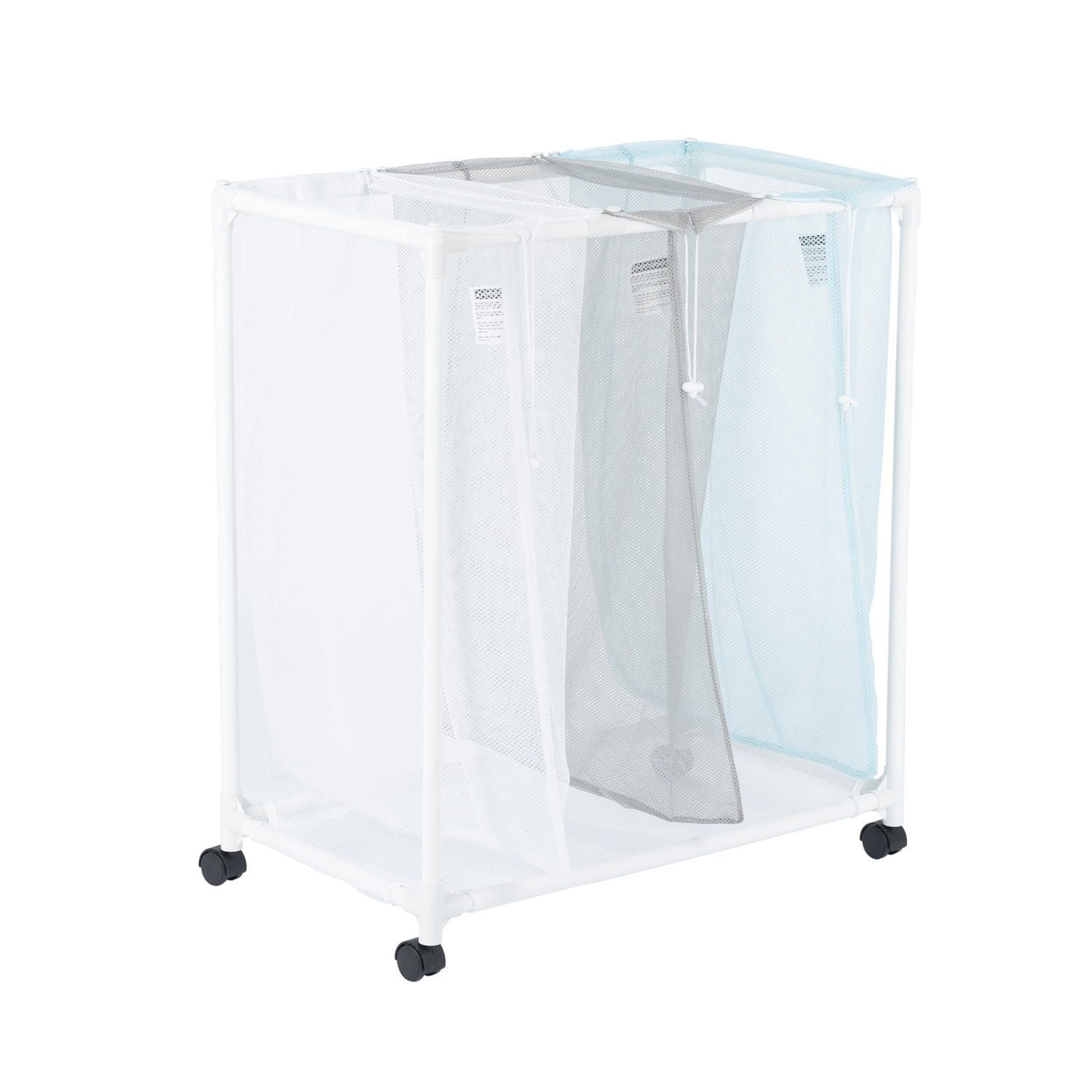 Mainstays 3 Bin Multiple Color Laundry Mesh Sorter for Adult, Rolling Cart for Laundry Room Closet Storage, 4 Wheels, Bags for Sorting Different Items, Item size: W28.4 x D15.4 x H30 inch ; Mesh sorter in 3 different color