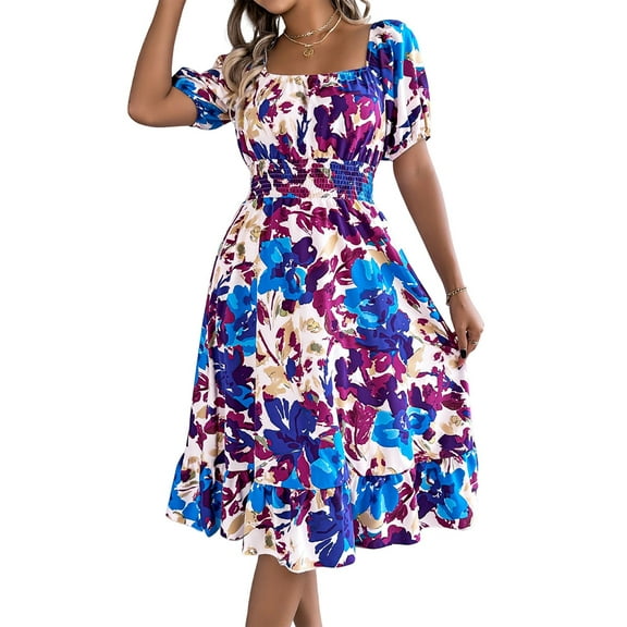 Women'S Summer Casual Dresses 2025 Spring Puff Sleeve Square Neck A-Line Flowy Boho Floral Smocked Midi Dress Blue L
