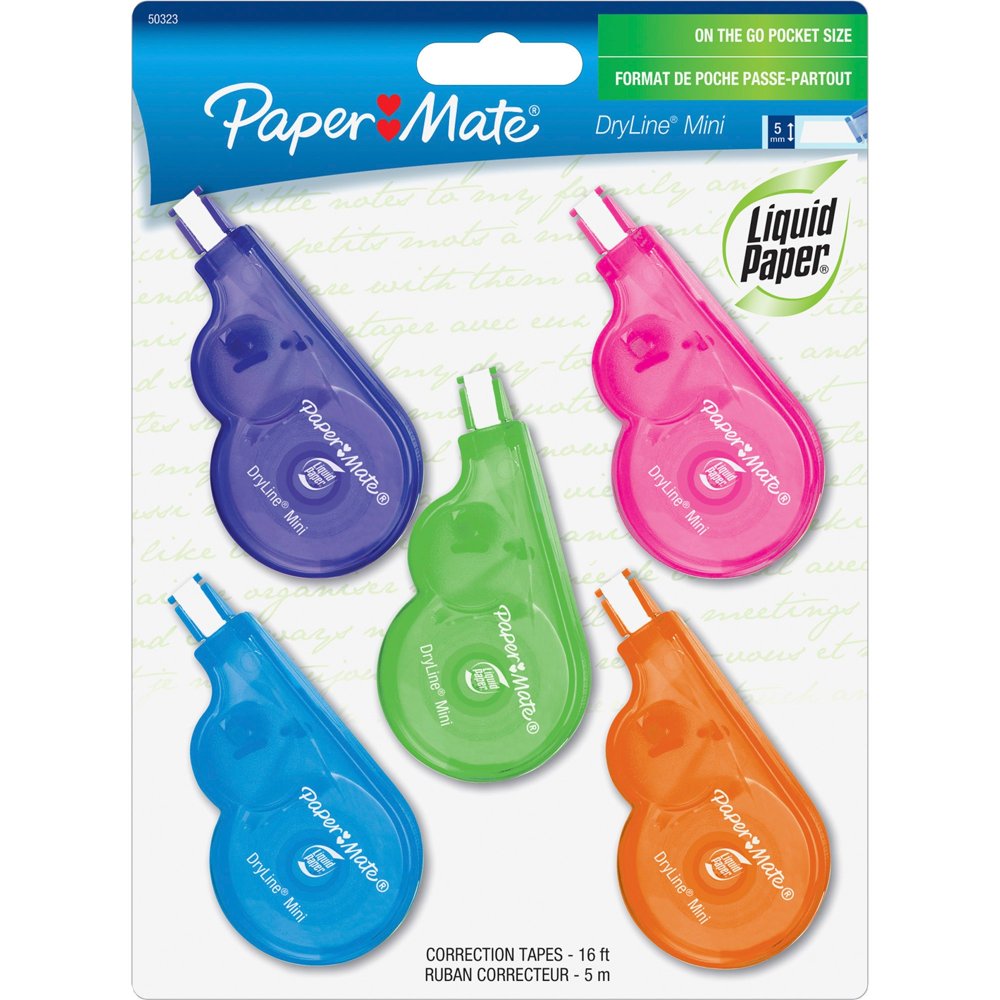 Paper Mate Dryline Mini Grip Correction Tape, Assorted, 5 / Pack