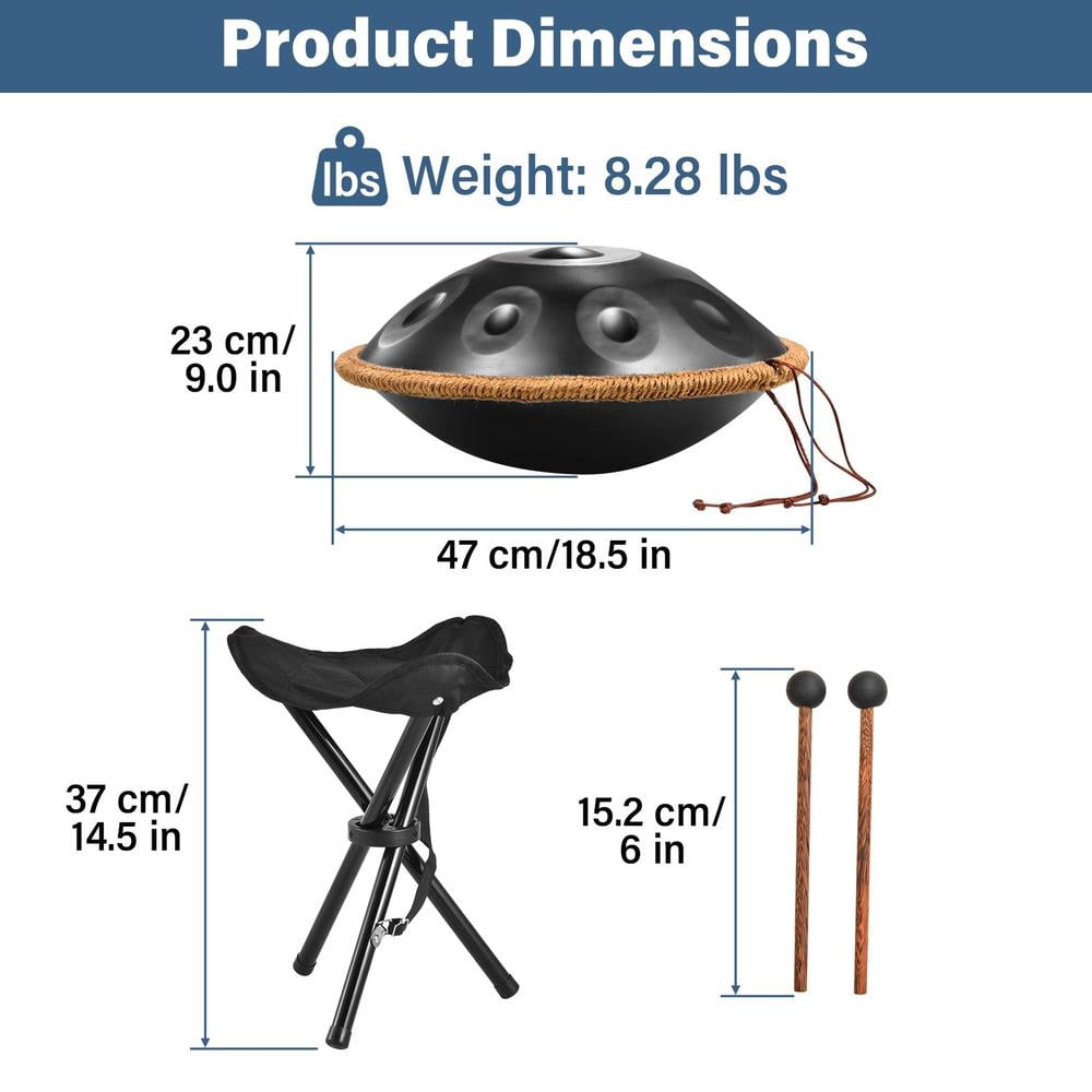 Hand Pan Drum, G Minor 9 Notes 18 Inches Meditation Drum, Musical Instruments, Portable Handpan Set for Children, Boys, Girls, Adults