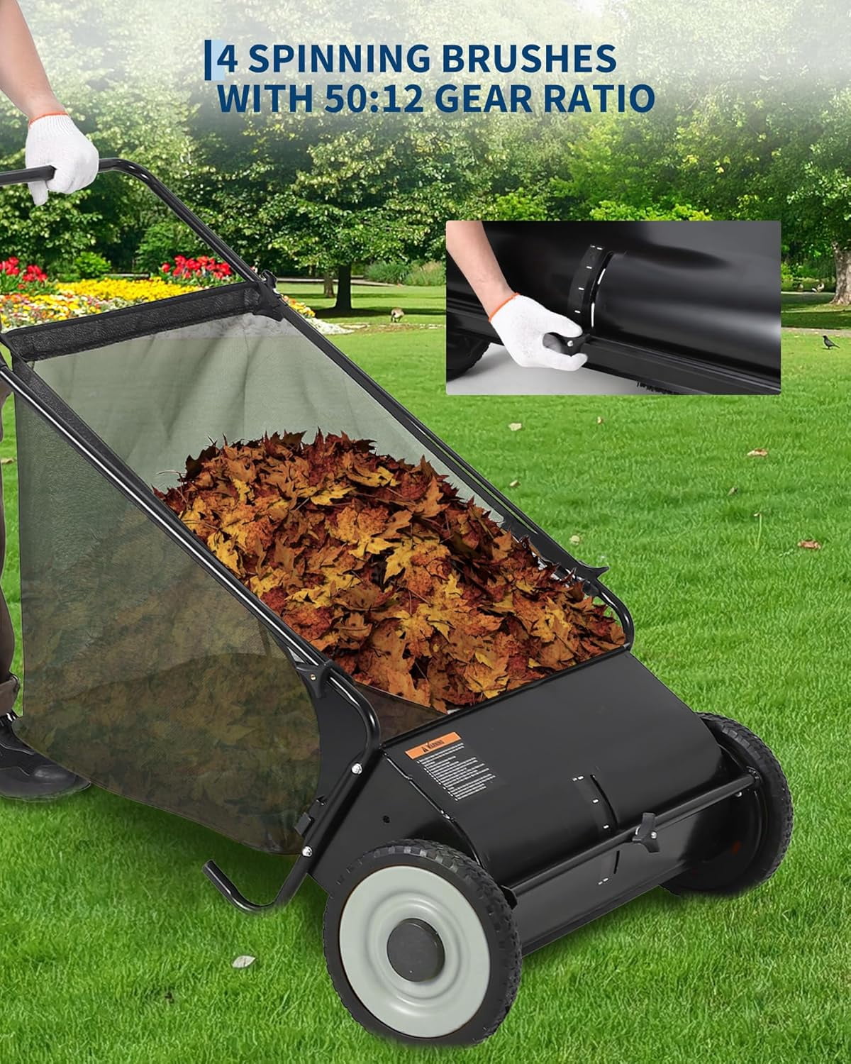 21 Inch Push Lawn Sweeper, 3.5 Cu. Ft. Hopper Capacity Grass Sweeper, Manual Push Yard Sweeper with Height Adjustment & 4 Fast Spinning Brushes for Grass Clippings, Leaves & Debris