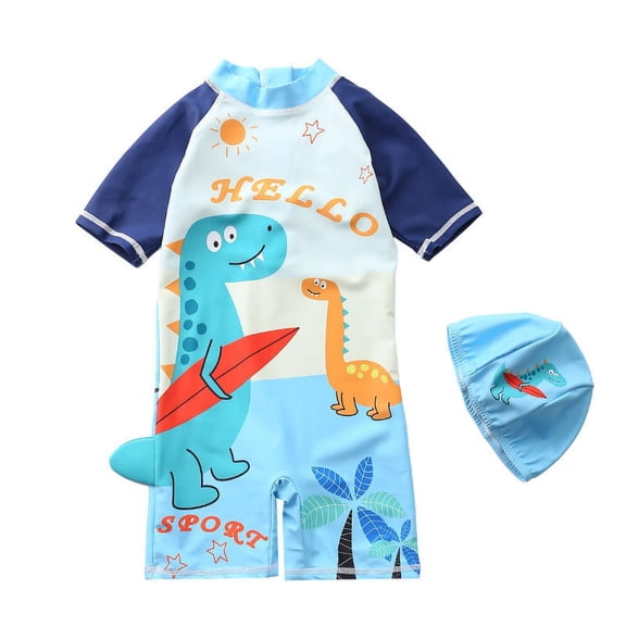 Toddler/Baby Boy Swimsuit With Swim Cap One Piece Bathing Suits Short Sleeve Rashguard Swimwear Sunsuit A10