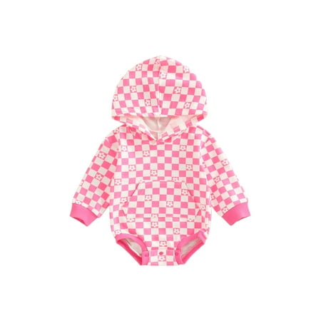 

Amuver Baby Romper Plaid Floral Print Long Sleeve Hooded Design Pocket Decoration Bottom Snap Button Cute Jumpsuit