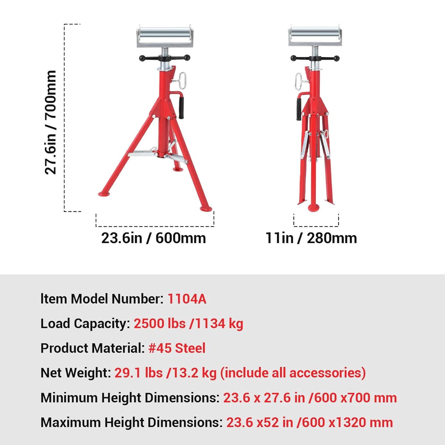 M optimized Heavy-Duty Pipe Stand Adjustable Folding Pipe Jack Stand, 2500 Lbs Load Capacity, for Welding, Automotive, Construction Projects
