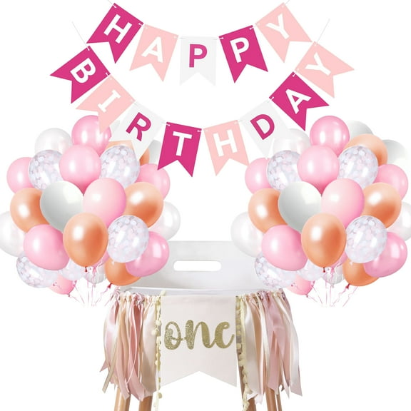 Baby Girl Highchair Banner - Pink Banner for 1st/First Birthday Decoration, Cake Smash Photo Prop, Gold one Birthday Sign