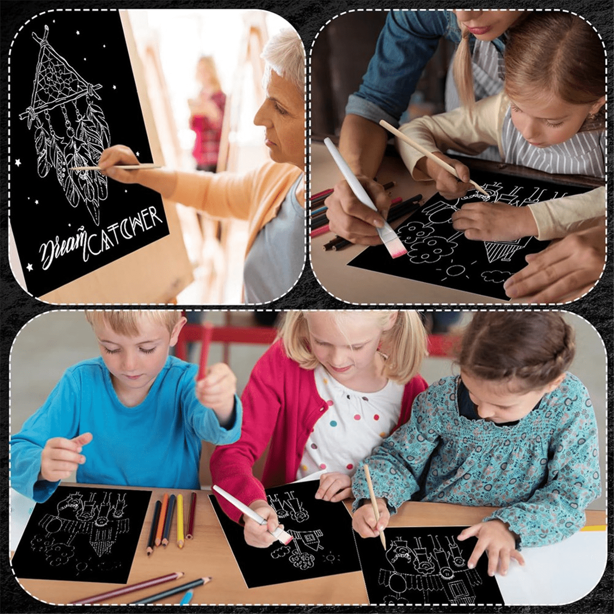 127 Pcs Scratch Paper Art Set Wooden Styluses and Stencils for DIY Birthday Gift Supplies (8.5 X 11 Inch)