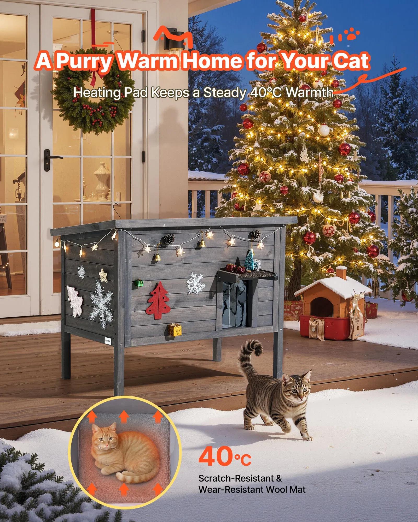 Heated Cat House, Insulated Wooden Cat House for Outdoor Cats, Waterproof Feral Kitty Shelter with Heating Pad, PVC Flap Door & Openable Asphalt Roof for 1-3 Cats in Winter