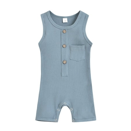 

Canrulo Summer Clothes Newborn Baby Boy Girl Sleeveless Button Knitted Romper Solid Plain One Piece Jumpsuit Lake Blue 0-6 Months