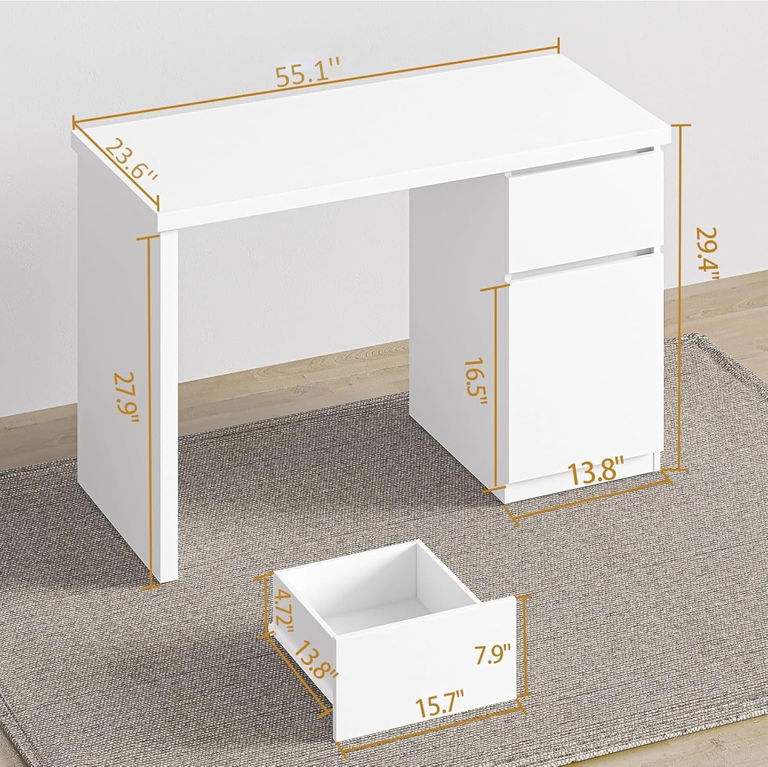 White Desk with Drawers, 55 Inch Small Cute Desk for Bedroom, Home Office PC Desk Workstation Study Table Desk with Storage, White