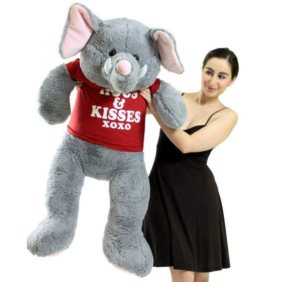 4 Foot Giant Stuffed Elephant 48 Inch with Pink Ears Big Plush Soft Stuffed Animal Wears Tshirt Hugs And Kisses
