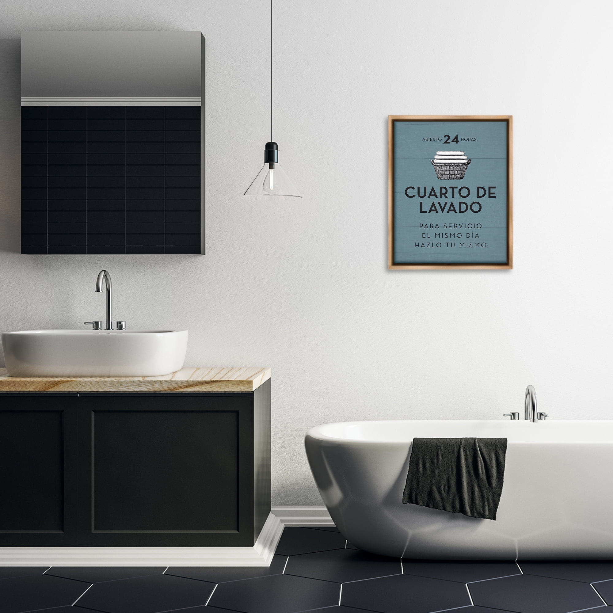 Stupell Industries Publicidad Día de Lavandería, Azul Bath & Laundry Painting Brown Floater Framed Art Print Wall Art, 17 x 21