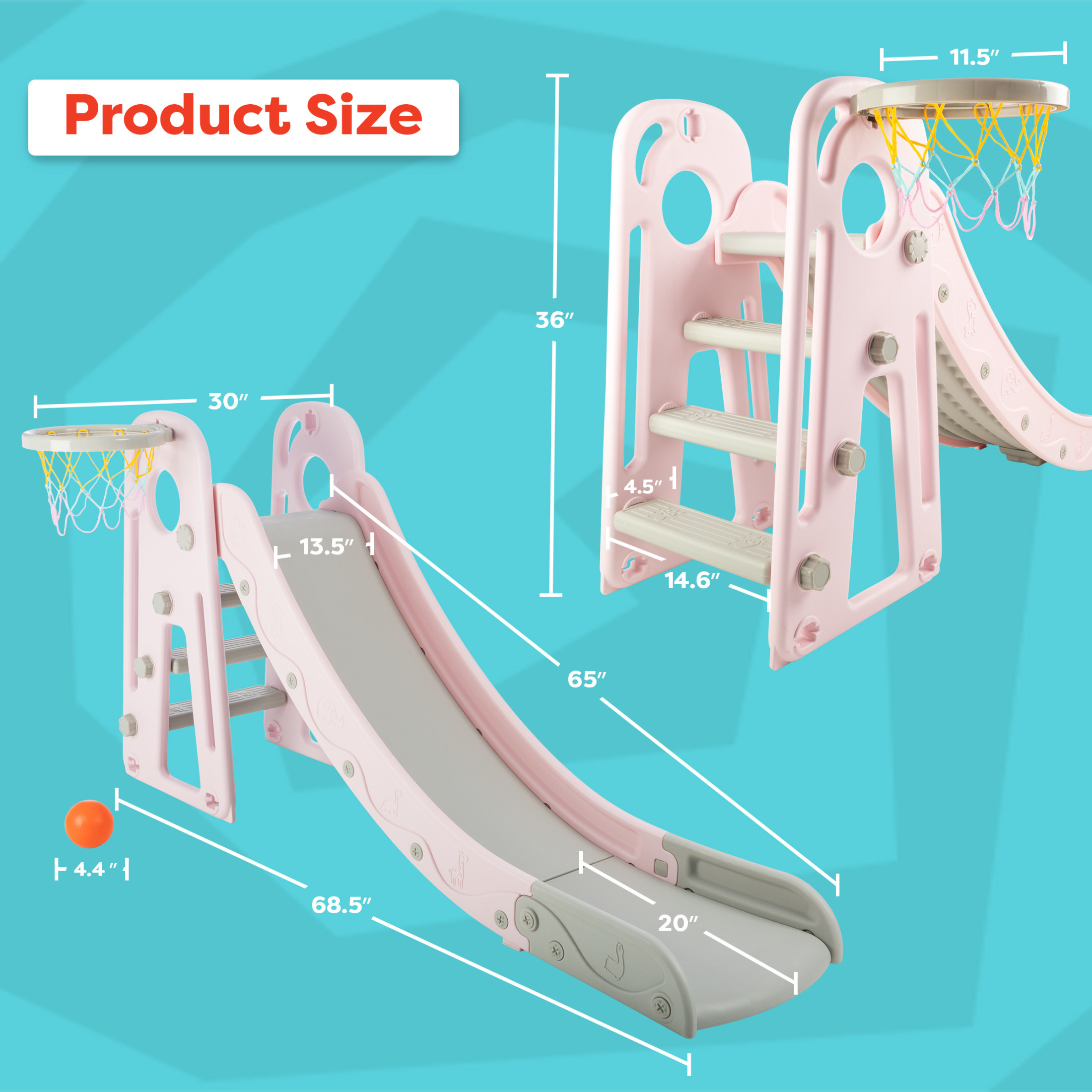 Hey Play Indoor/Outdoor Toddler Slide with Basketball Hoop and Ball (Pink)