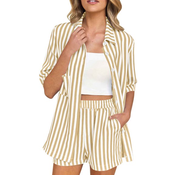 Ohufall Summer Beach Short Sets for Women Striped Short Sleeve Lapel Button Shirts with Shorts 2 Piece Sets