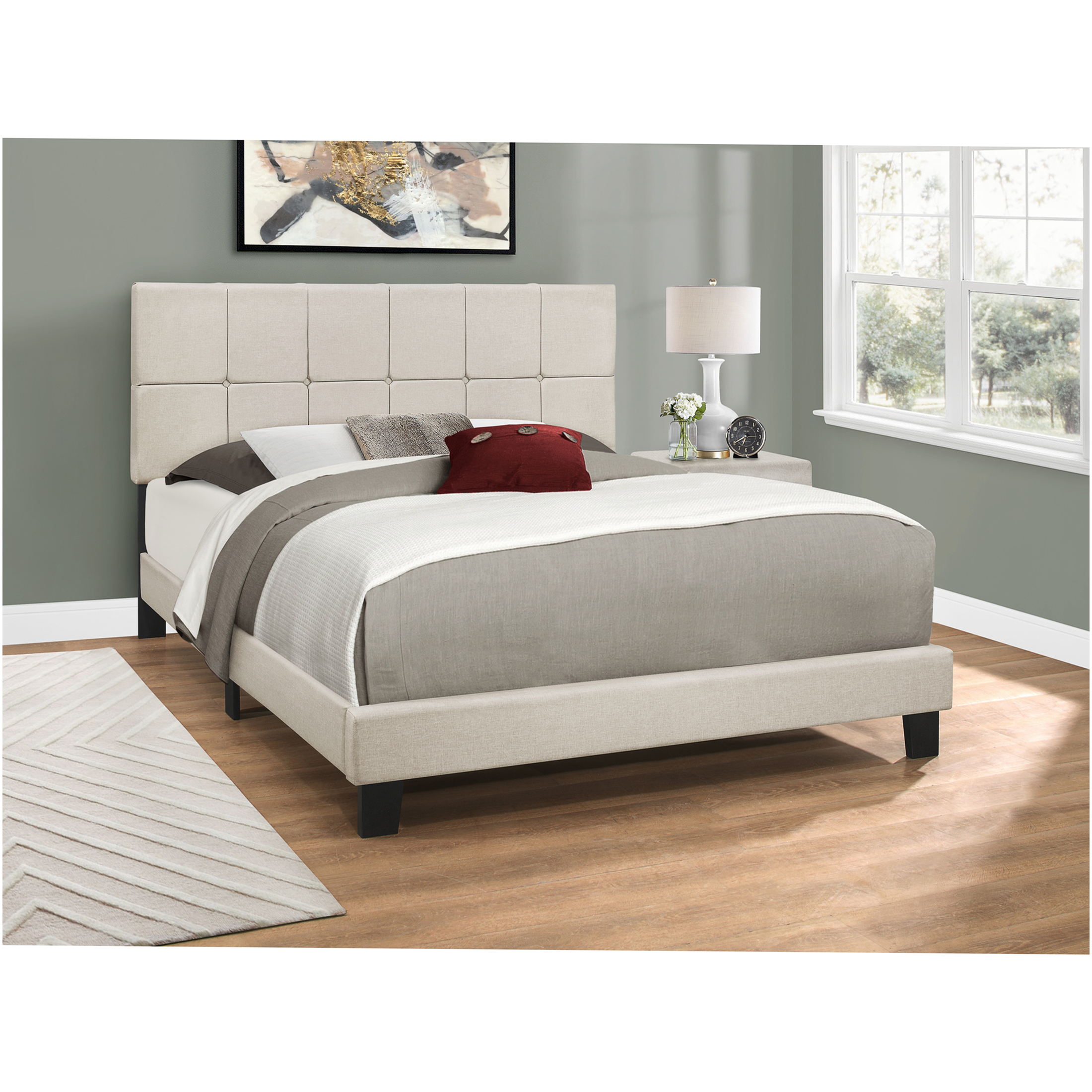 JERFIT Queen Upholstered Platform Bed Frame with Button Tufted Headboard, Beige Linen Fabric, Solid Wood Legs Support