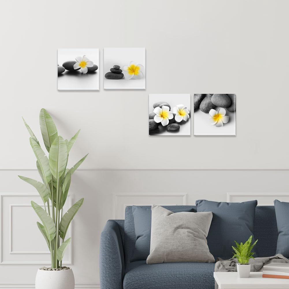 Black and White Zen Stone Wall Art Yellow Flower Picture Still Life Canvas Relaxing Painting Home Office Bathroom Decor