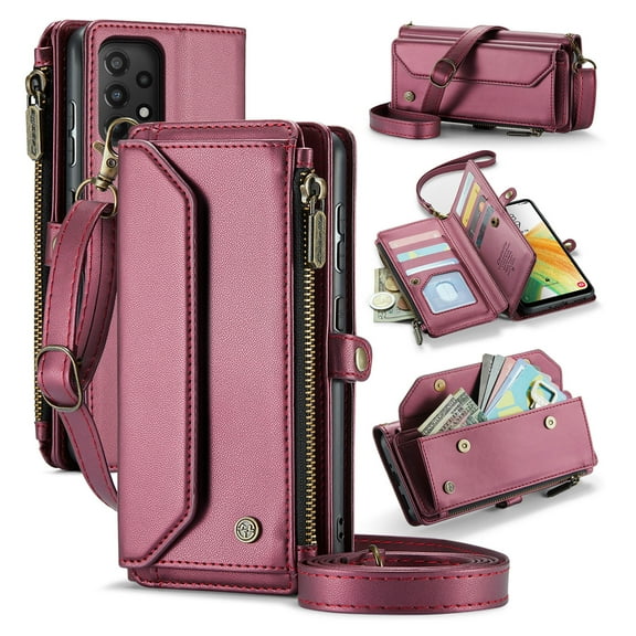 for Samsung Galaxy A52 4G/5G Full Body Protection Wallet Folio Flip Case, Shoulder Strap & Wristlet Card Slots Zipper Pocket RFID Blocking Rugged Durable PU Leather Phone Case Cover, Winered