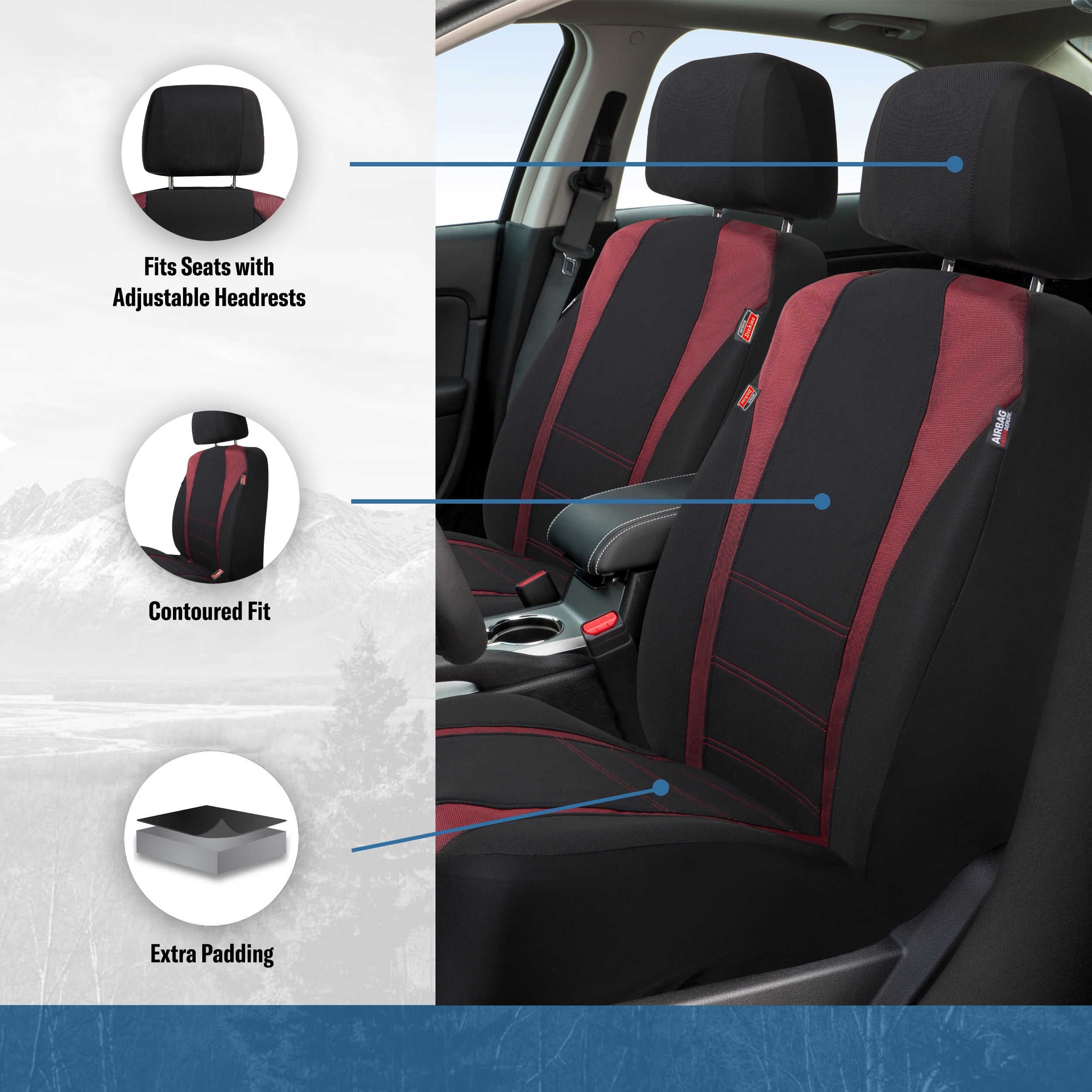 Genuine Dickies 3 Piece Truck Sport Seat Covers, Black and Red, 43640WDC