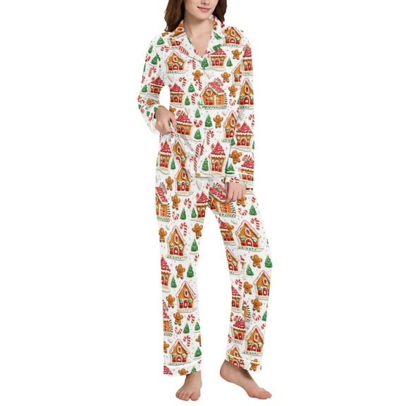 joogoo Pajamas Set for Women Gingerbread Christmas Long Sleeve Pjs Loungewear L