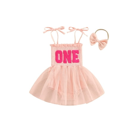 

IMISSILLEB Letter Embroidery Tulle Tie Spaghetti Strap Jumpsuit with Bow Headband 1st Birthday Set Infant Baby Girls Romper Dress