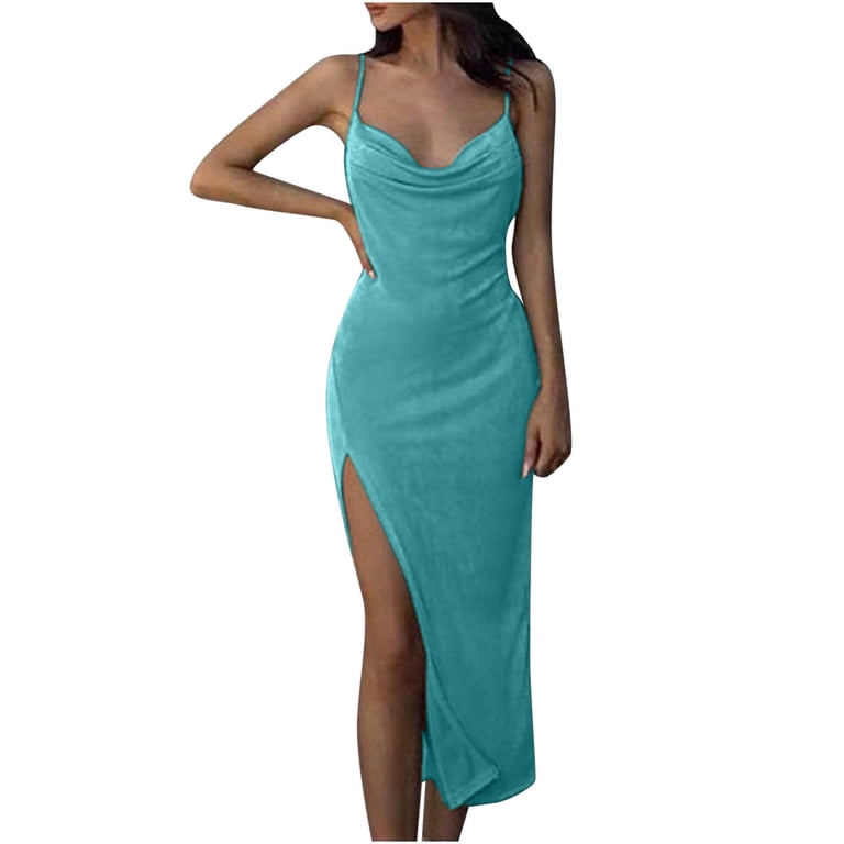 Wycnly Womens Dresses Sexy High Slit Spaghetti Strap Ruched Bodycon Night  Party Club Dresses Fashion Solid V-Neck Sleeveless Long Summer Dress Sky  Blue m - Walmart.com